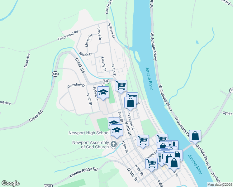 map of restaurants, bars, coffee shops, grocery stores, and more near 605 North 4th Street in Newport