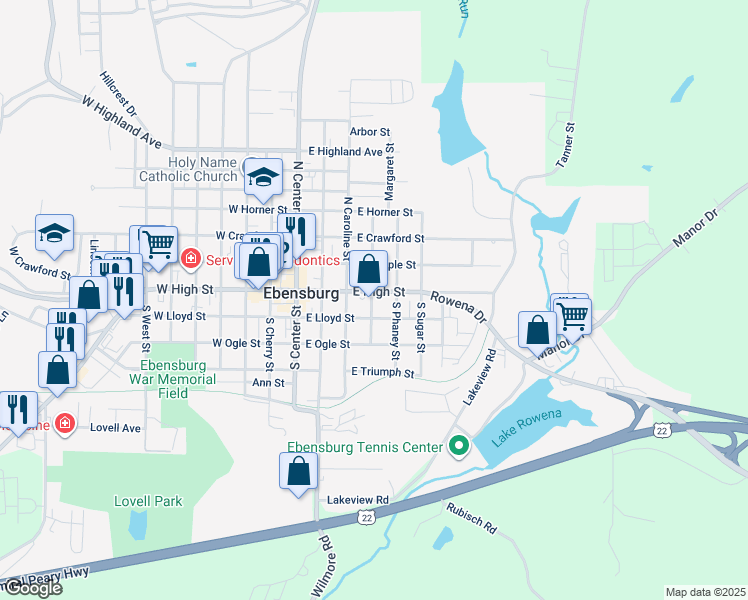 map of restaurants, bars, coffee shops, grocery stores, and more near 400 East High Street in Ebensburg