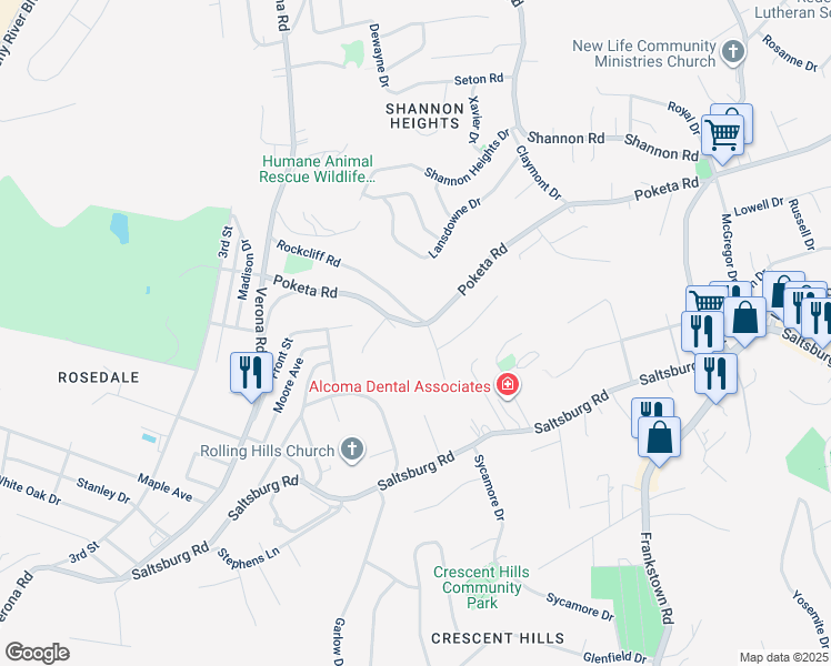 map of restaurants, bars, coffee shops, grocery stores, and more near 5970 Poketa Road in Verona
