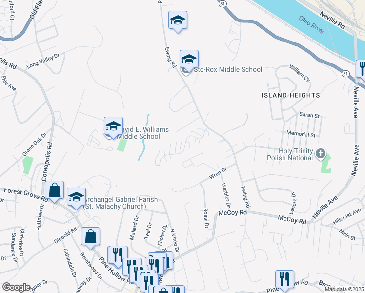 map of restaurants, bars, coffee shops, grocery stores, and more near 56 Castle View Drive in McKees Rocks