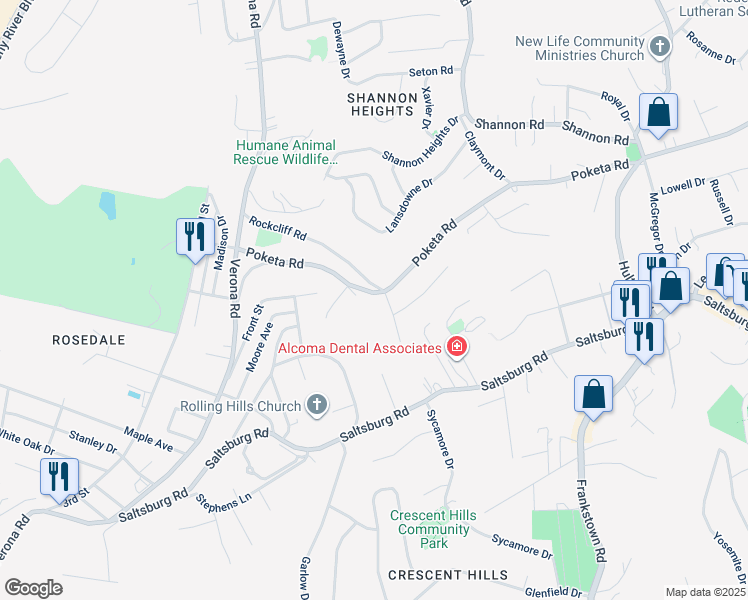 map of restaurants, bars, coffee shops, grocery stores, and more near 5970 Poketa Road in Verona