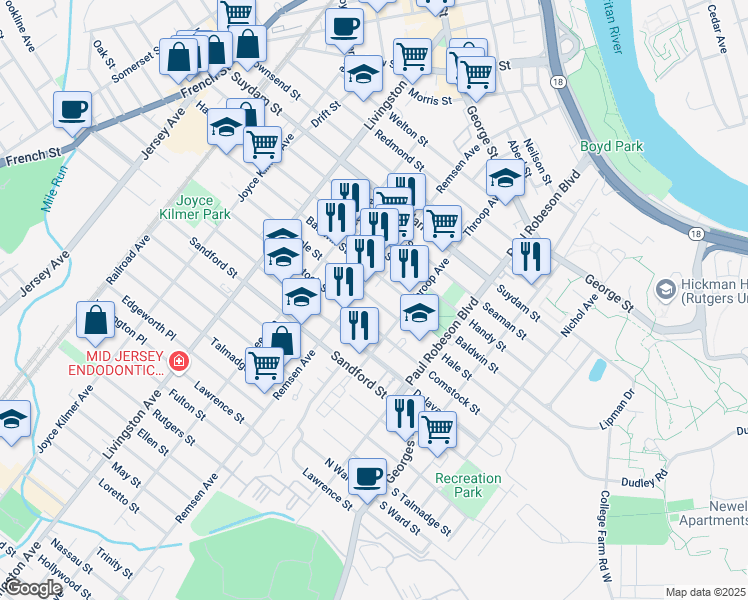 map of restaurants, bars, coffee shops, grocery stores, and more near 147 Hale Street in New Brunswick