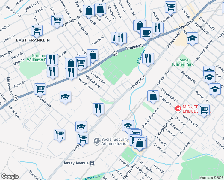 map of restaurants, bars, coffee shops, grocery stores, and more near 65 Simplex Avenue in New Brunswick