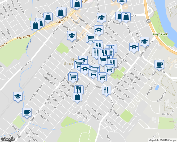 map of restaurants, bars, coffee shops, grocery stores, and more near 193 Delavan Street in New Brunswick