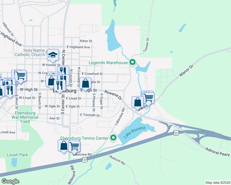 map of restaurants, bars, coffee shops, grocery stores, and more near 814 East High Street in Ebensburg