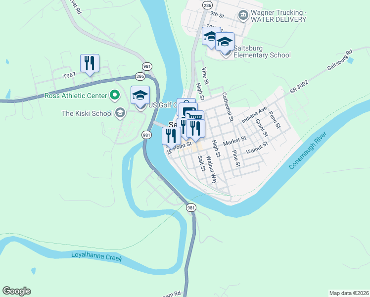 map of restaurants, bars, coffee shops, grocery stores, and more near 204 Point Street in Saltsburg