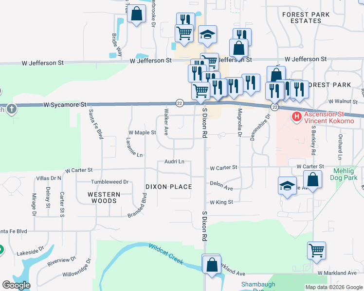 map of restaurants, bars, coffee shops, grocery stores, and more near 2526 Wickersham Drive East in Kokomo