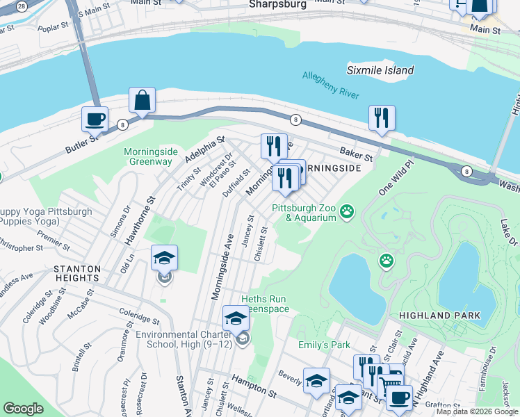 map of restaurants, bars, coffee shops, grocery stores, and more near 1704 Jancey Street in Pittsburgh