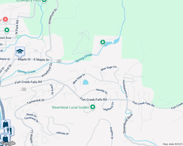 map of restaurants, bars, coffee shops, grocery stores, and more near 1320 Blue Sage Drive in Steamboat Springs