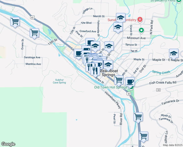 map of restaurants, bars, coffee shops, grocery stores, and more near 700 Yampa Street in Steamboat Springs