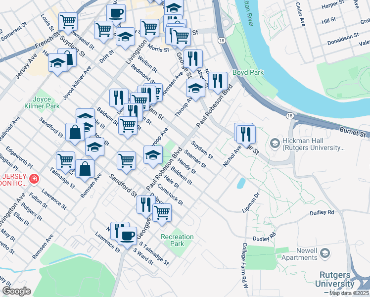 map of restaurants, bars, coffee shops, grocery stores, and more near 154 Commercial Avenue in New Brunswick