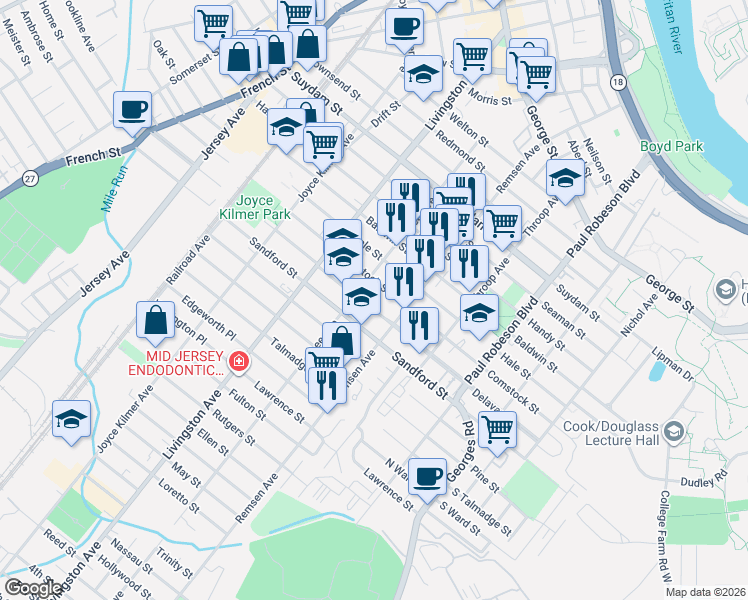 map of restaurants, bars, coffee shops, grocery stores, and more near 193 Delavan Street in New Brunswick