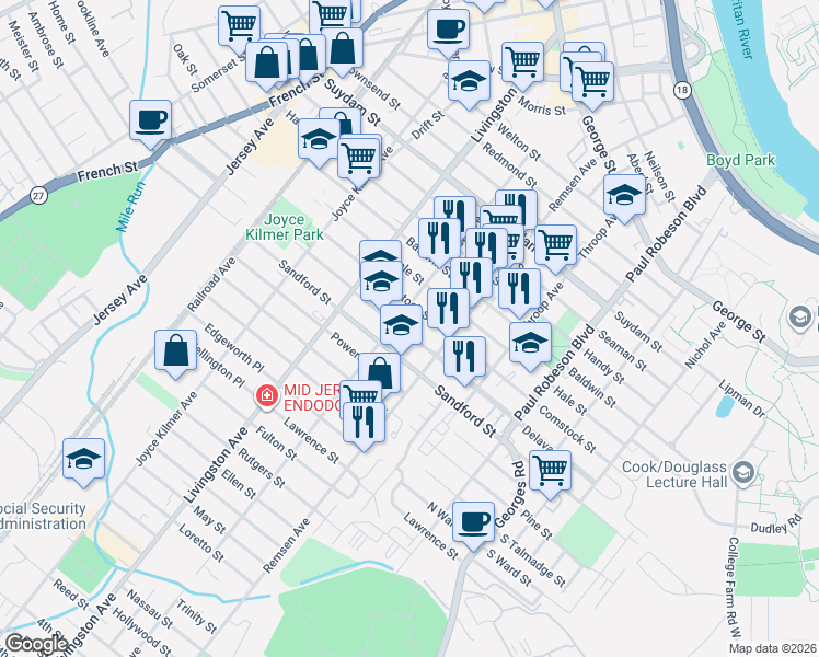 map of restaurants, bars, coffee shops, grocery stores, and more near 193 Delavan Street in New Brunswick