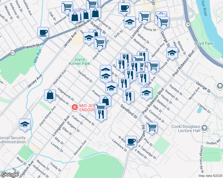 map of restaurants, bars, coffee shops, grocery stores, and more near 193 Delavan Street in New Brunswick