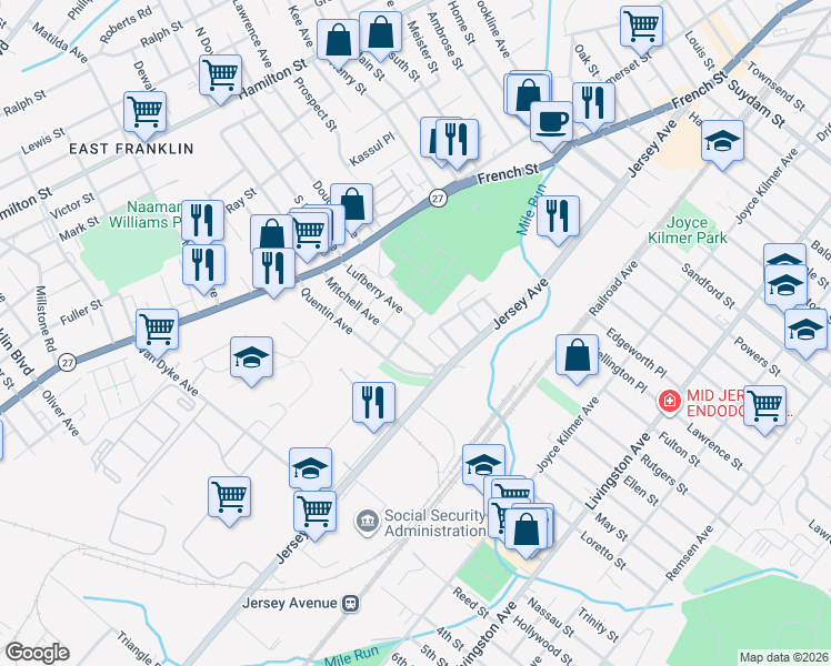 map of restaurants, bars, coffee shops, grocery stores, and more near 61 Simplex Avenue in New Brunswick