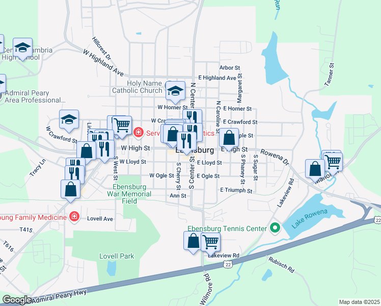 map of restaurants, bars, coffee shops, grocery stores, and more near in Ebensburg
