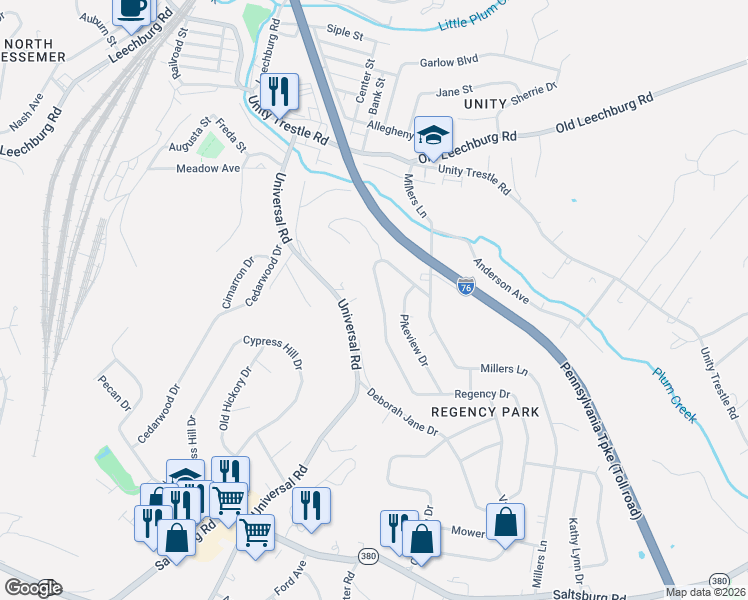 map of restaurants, bars, coffee shops, grocery stores, and more near 3210 Universal Road in Pittsburgh