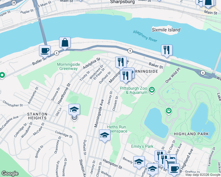map of restaurants, bars, coffee shops, grocery stores, and more near 1704 Jancey Street in Pittsburgh