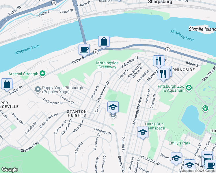 map of restaurants, bars, coffee shops, grocery stores, and more near 1515 Trinity Street in Pittsburgh