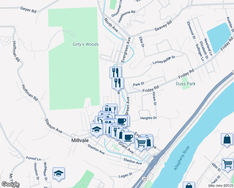 map of restaurants, bars, coffee shops, grocery stores, and more near 612 Mary Street in Pittsburgh