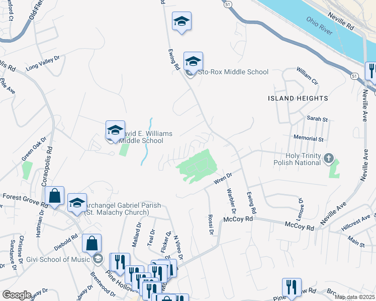 map of restaurants, bars, coffee shops, grocery stores, and more near 56 Castle View Drive in McKees Rocks