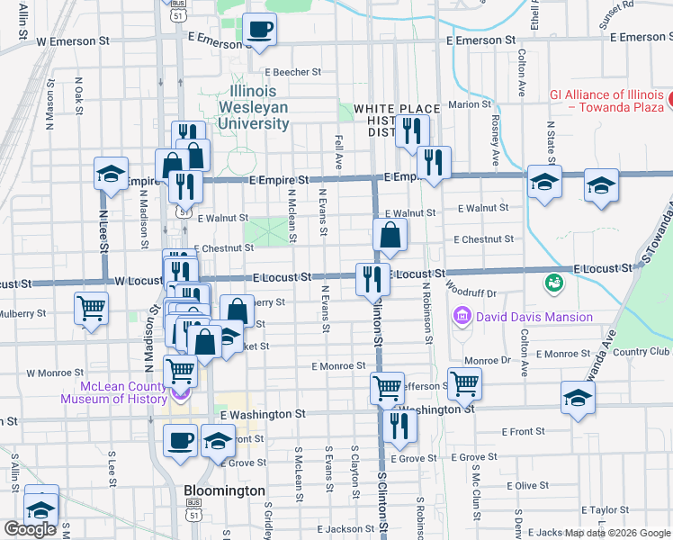 map of restaurants, bars, coffee shops, grocery stores, and more near 510 East Locust Street in Bloomington