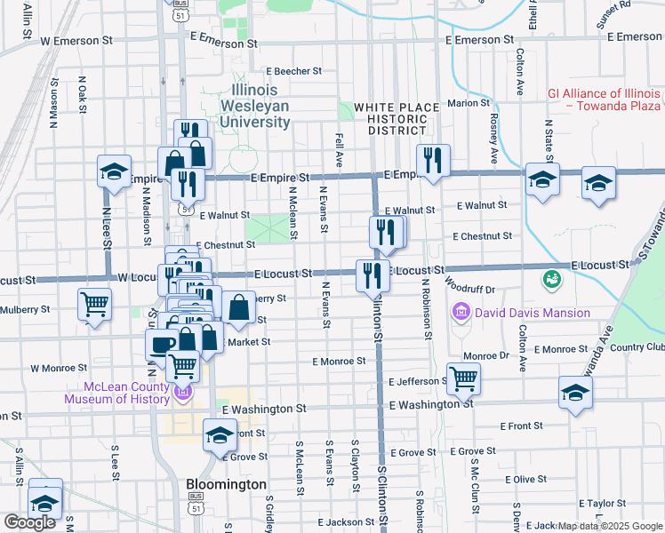 map of restaurants, bars, coffee shops, grocery stores, and more near 804 North Evans Street in Bloomington
