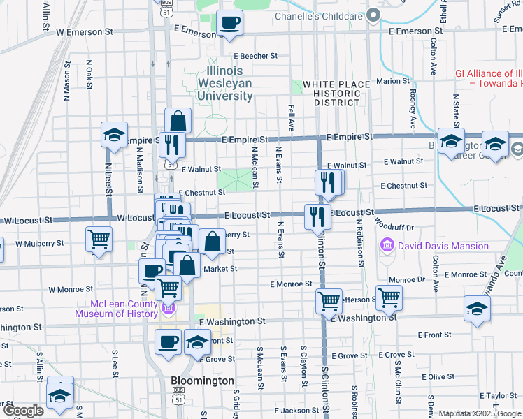 map of restaurants, bars, coffee shops, grocery stores, and more near 804 North Mclean Street in Bloomington