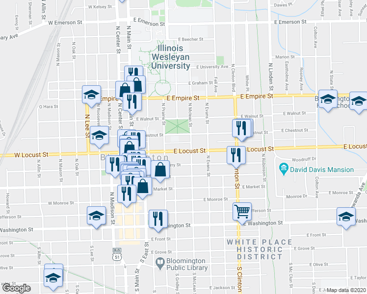 map of restaurants, bars, coffee shops, grocery stores, and more near 804 North Mclean Street in Bloomington