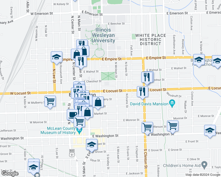 map of restaurants, bars, coffee shops, grocery stores, and more near 804 North Mclean Street in Bloomington