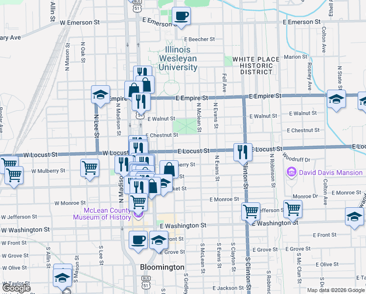 map of restaurants, bars, coffee shops, grocery stores, and more near 302 East Locust Street in Bloomington