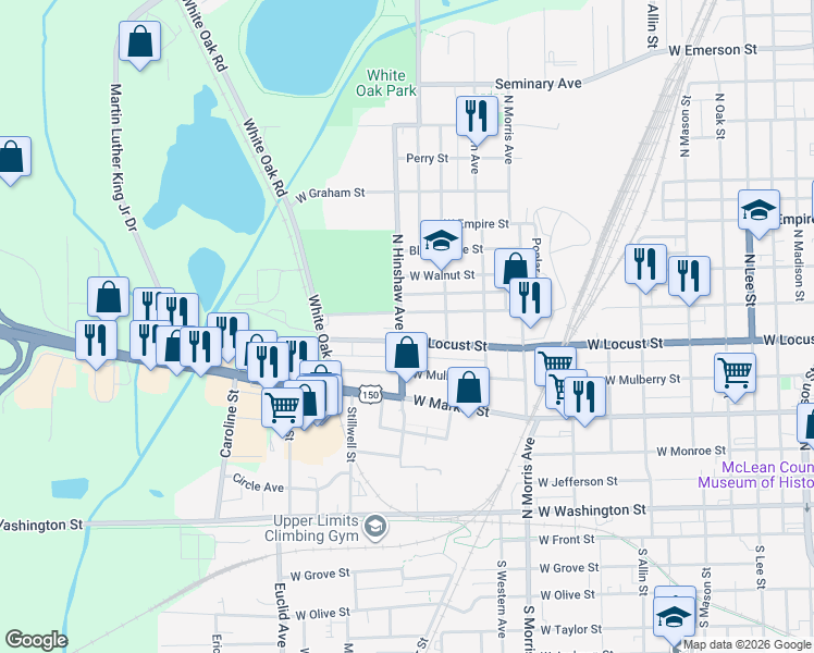 map of restaurants, bars, coffee shops, grocery stores, and more near 1416 West Chestnut Street in Bloomington