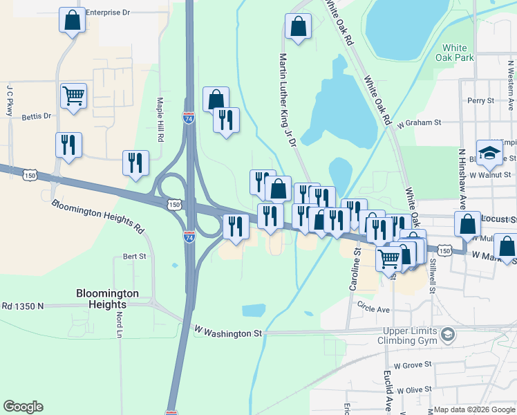 map of restaurants, bars, coffee shops, grocery stores, and more near 602 Brad Street in Bloomington