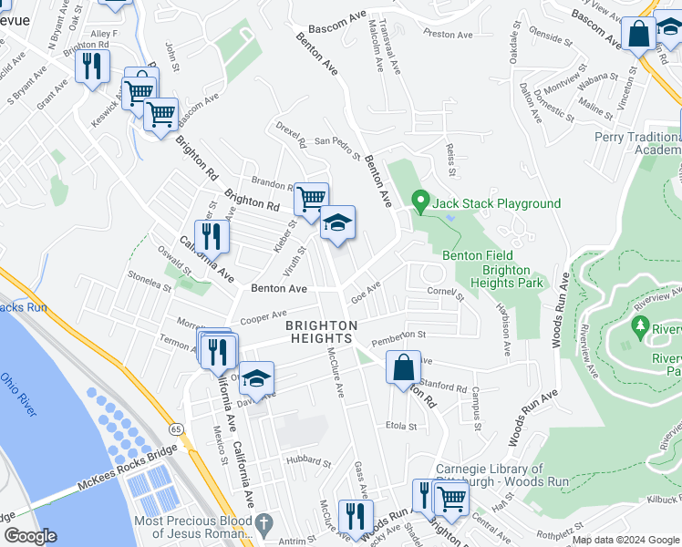 map of restaurants, bars, coffee shops, grocery stores, and more near 3808 Brighton Road in Pittsburgh