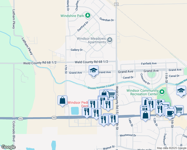 map of restaurants, bars, coffee shops, grocery stores, and more near 1583 Grand Avenue in Windsor
