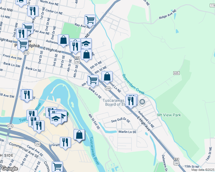 map of restaurants, bars, coffee shops, grocery stores, and more near 741 East High Avenue in New Philadelphia