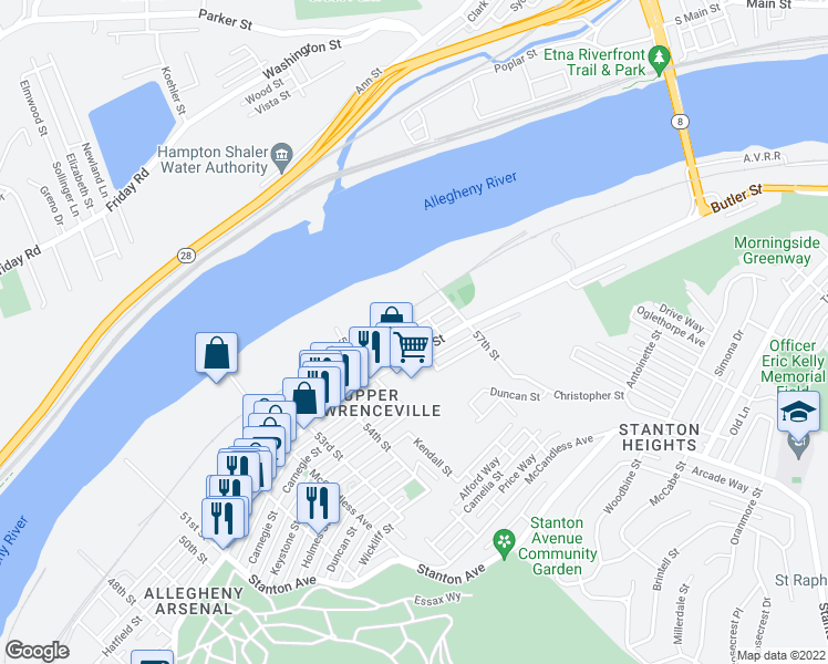 map of restaurants, bars, coffee shops, grocery stores, and more near 5600 Harrison St in Pittsburgh