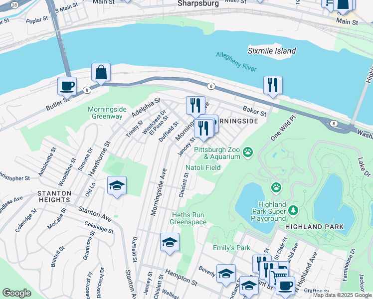 map of restaurants, bars, coffee shops, grocery stores, and more near 1704 Jancey Street in Pittsburgh