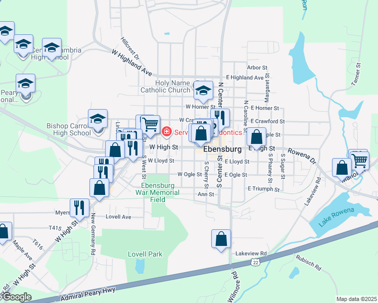 map of restaurants, bars, coffee shops, grocery stores, and more near 300-398 West High Street in Ebensburg