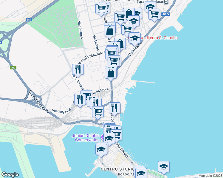 map of restaurants, bars, coffee shops, grocery stores, and more near 9 Via Raimondello Orsini in Taranto