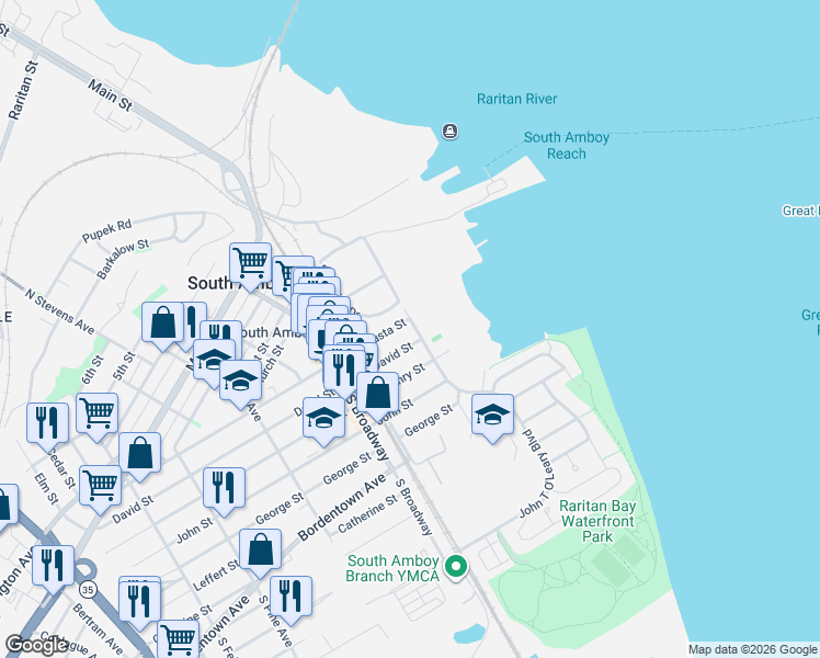 map of restaurants, bars, coffee shops, grocery stores, and more near 108 North Rosewell Avenue in South Amboy
