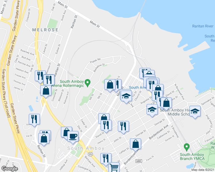 map of restaurants, bars, coffee shops, grocery stores, and more near 293 5th Street in South Amboy