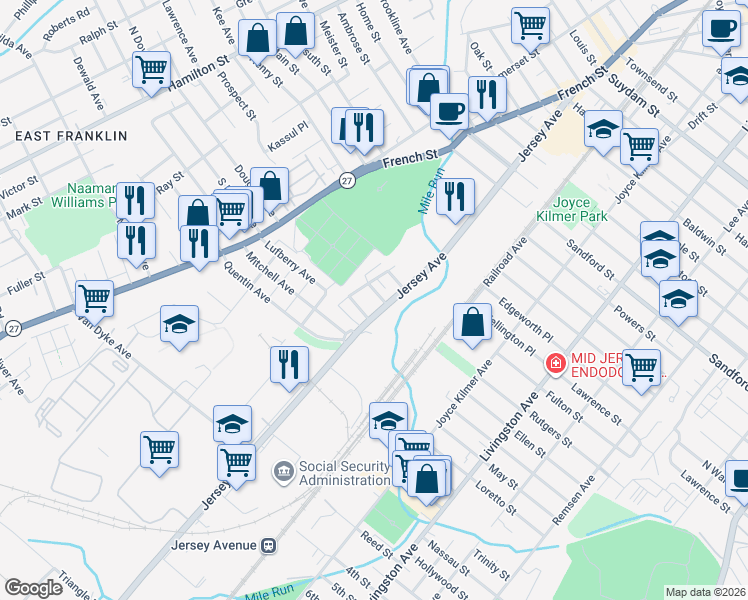 map of restaurants, bars, coffee shops, grocery stores, and more near 291 Jersey Avenue in New Brunswick