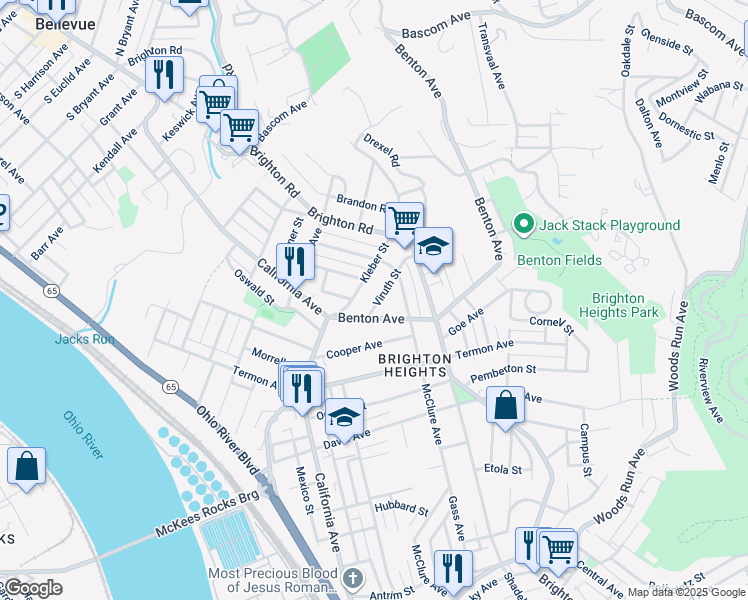 map of restaurants, bars, coffee shops, grocery stores, and more near 1819 Viruth Street in Pittsburgh