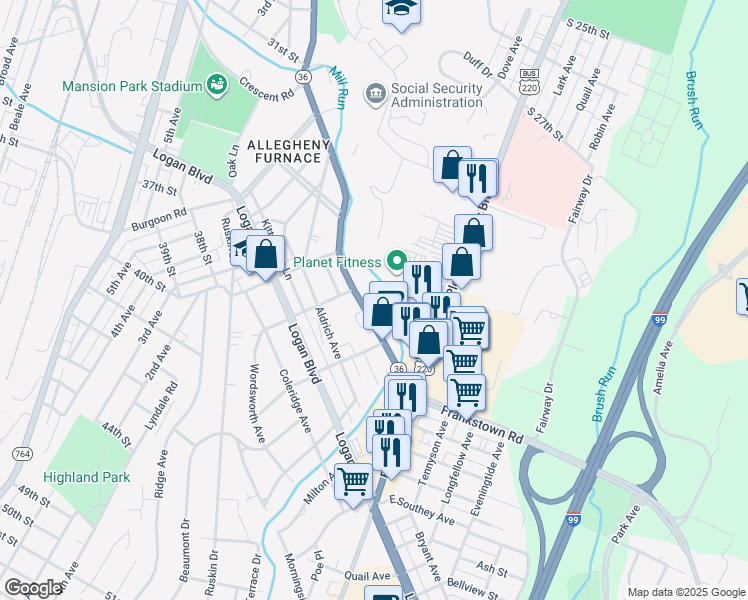 map of restaurants, bars, coffee shops, grocery stores, and more near 209 Union Avenue in Altoona