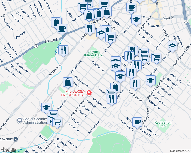 map of restaurants, bars, coffee shops, grocery stores, and more near 3 Stratford Place in New Brunswick