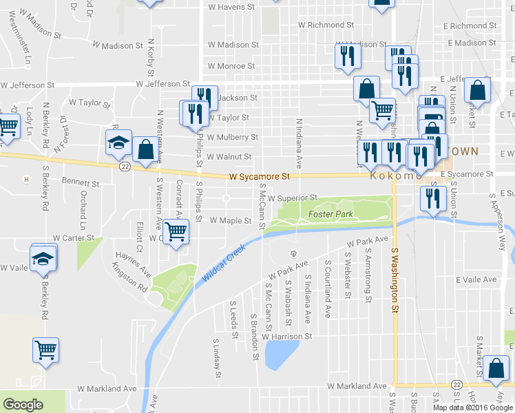 map of restaurants, bars, coffee shops, grocery stores, and more near 209 South McCann Street in Kokomo