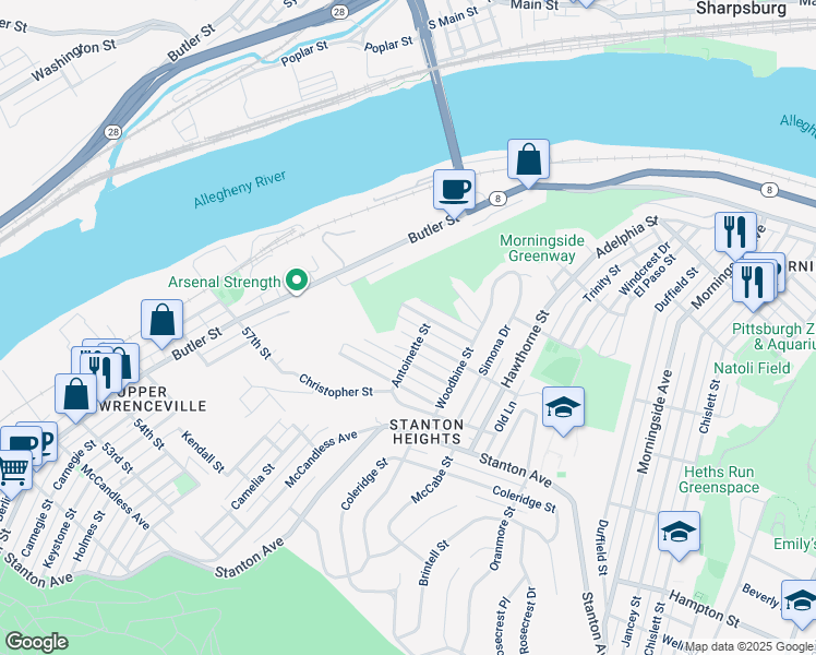 map of restaurants, bars, coffee shops, grocery stores, and more near 1011 Fairfield St in Pittsburgh