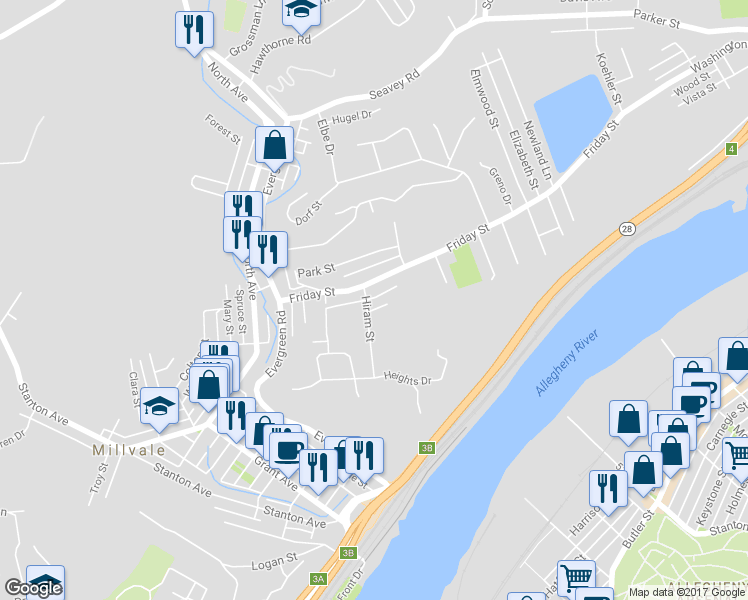 map of restaurants, bars, coffee shops, grocery stores, and more near 208 Mathilda Street in Pittsburgh