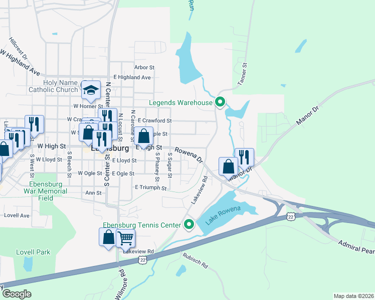 map of restaurants, bars, coffee shops, grocery stores, and more near 703 East High Street in Ebensburg